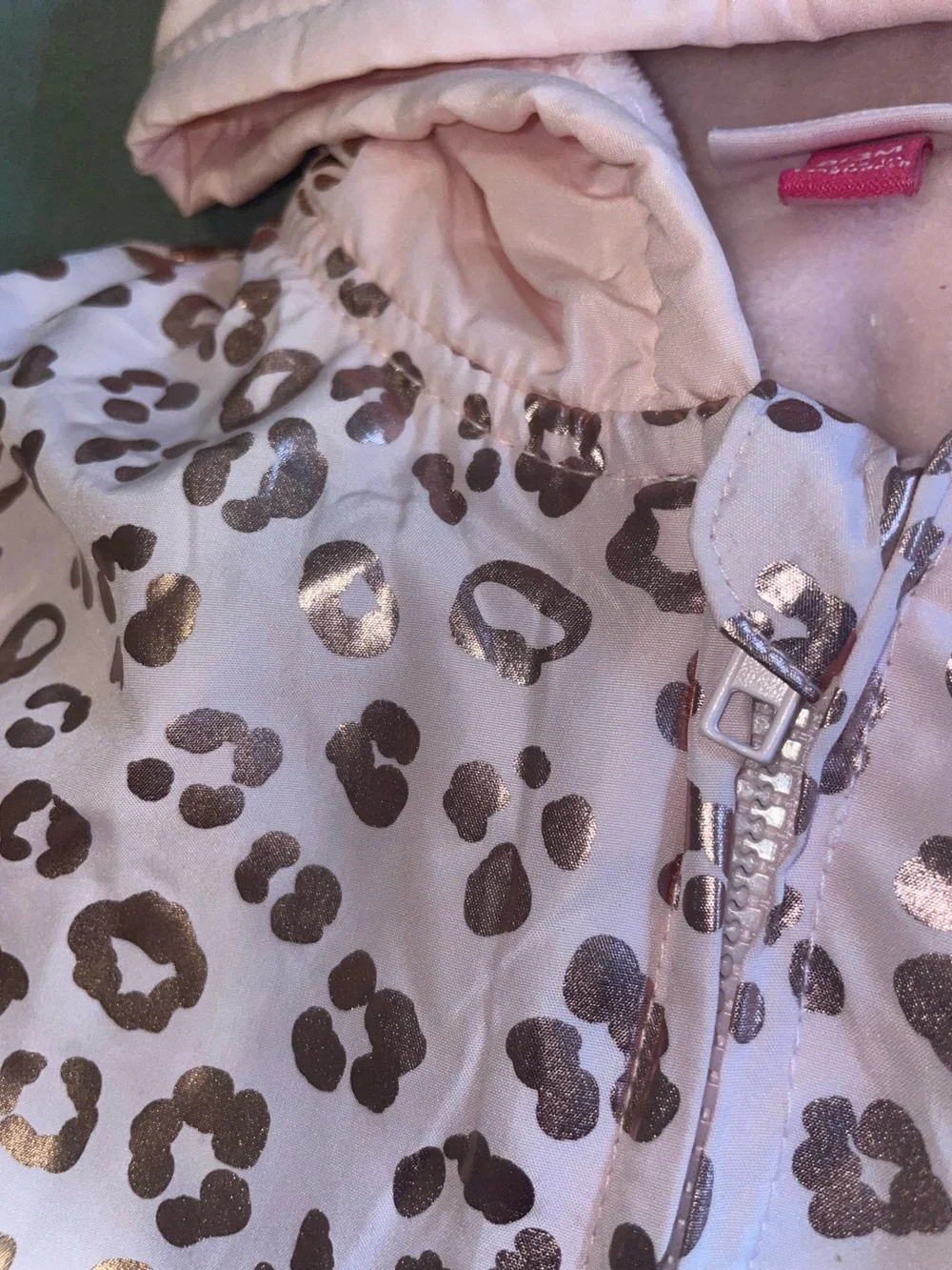 Baby Pink Leopard Hooded One-Piece with metallic Gold Accents 0-3 month